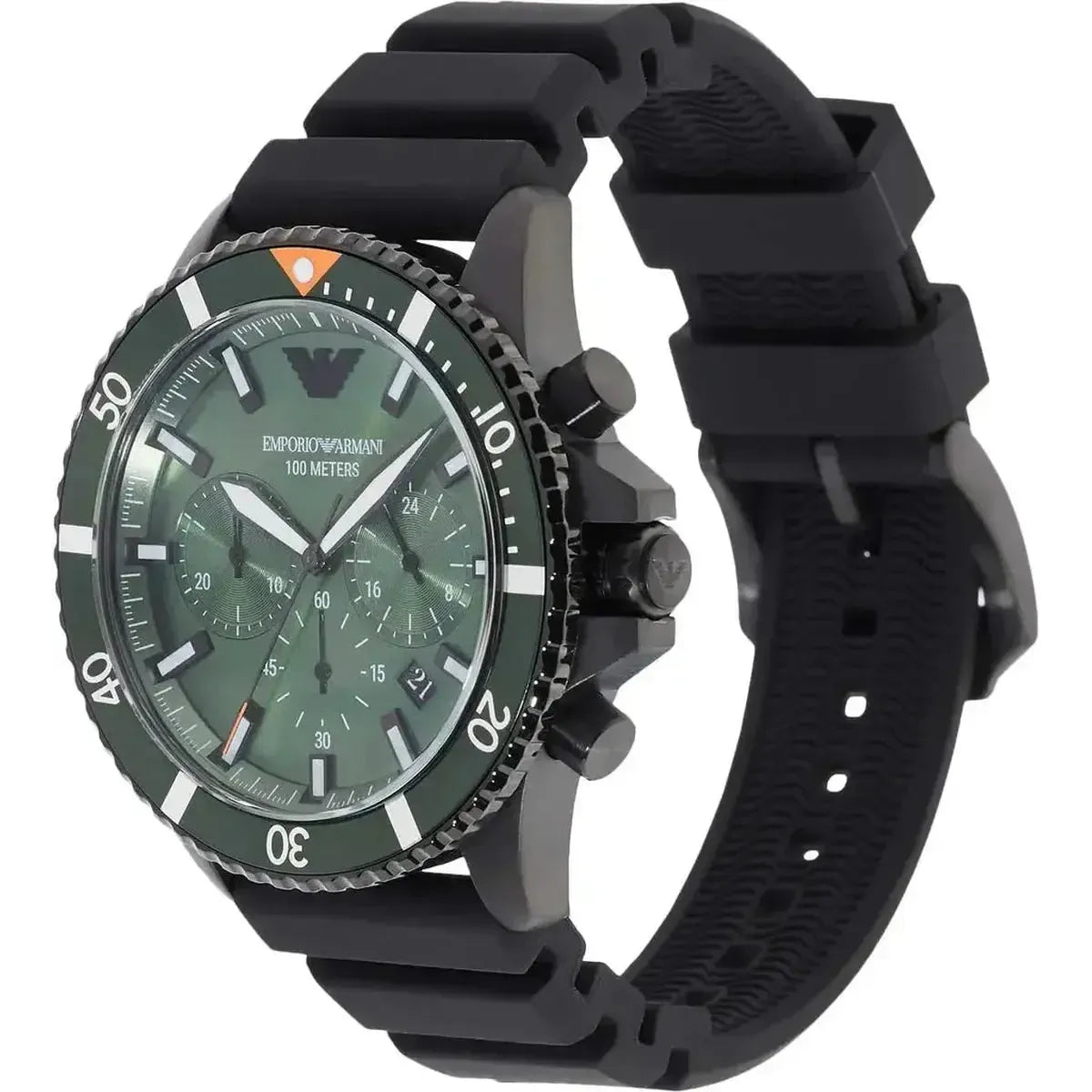 Emporio Armani AR11463 Diver Chronograph Quartz Green Dial Black Silicon Strap Watch For Men Emporio Armani