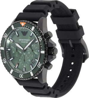 Emporio Armani AR11463 Diver Chronograph Quartz Green Dial Black Silicon Strap Watch For Men Emporio Armani