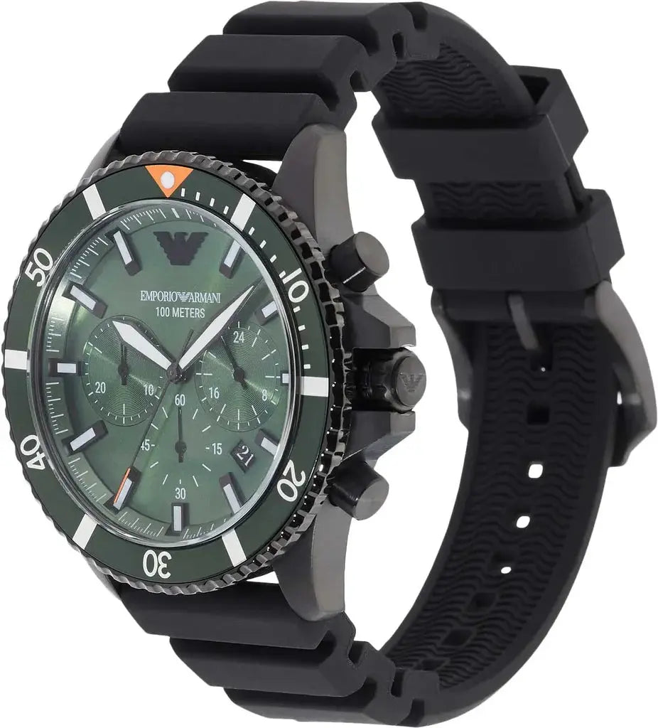Emporio Armani AR11463 Diver Chronograph Quartz Green Dial Black Silicon Strap Watch For Men Emporio Armani