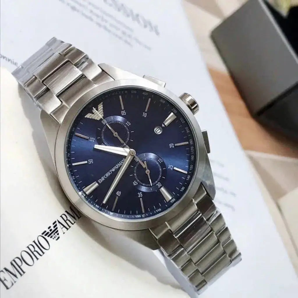 Emporio Armani AR11541 Claudio Chronograph Blue Dial Silver Steel Strap Watch For Men Emporio Armani