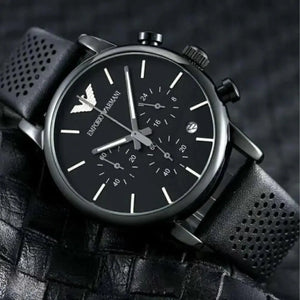 Emporio Armani AR1737 Luigi Chronograph Black Dial Black Leather Strap Watch For Men Emporio Armani