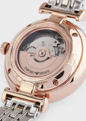 Emporio Armani AR60019 Gianni T-Bar Analog White Dial Two Tone Steel Strap Watch For Women Emporio Armani