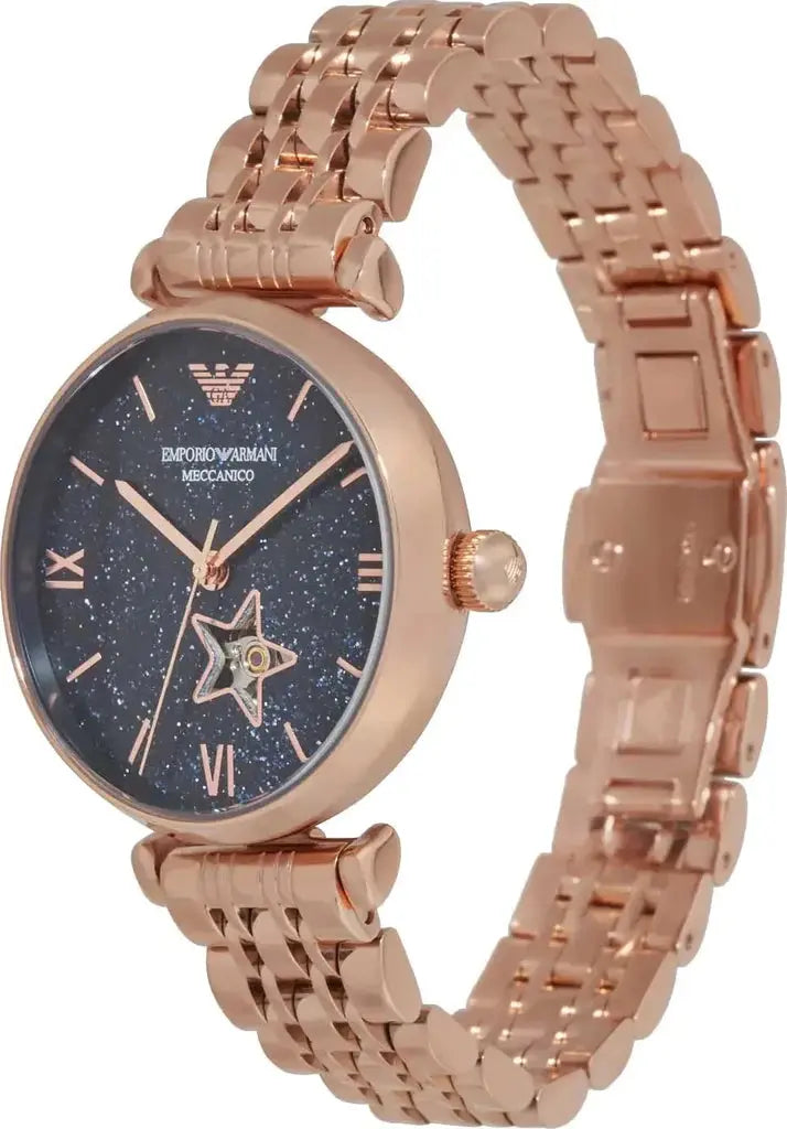 Emporio Armani AR60043 Meccanico Crystals Black Dial Rose Gold Steel Strap Watch For Women Emporio Armani