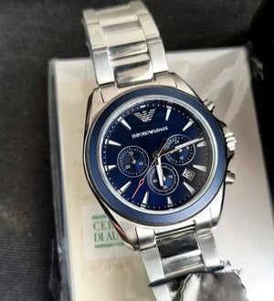 Emporio Armani AR6091 Sportivo Chronograph Blue Dial Silver Steel Strap Watch For Men Emporio Armani