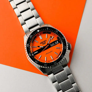 Seiko SRPK11K1 5 Sports Double Hurricane Retro Orange Dial Silver Steel Strap Watch For Men Seiko