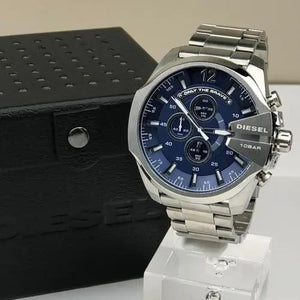 Diesel DZ4417 Mega Chief Chronograph Blue Dial Silver Steel Strap Watch For Men Diesel