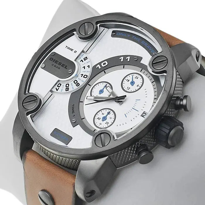 Diesel DZ7269 SBA Dual Time Chronograph White Dial Brown Leather Strap Watch For Men Diesel
