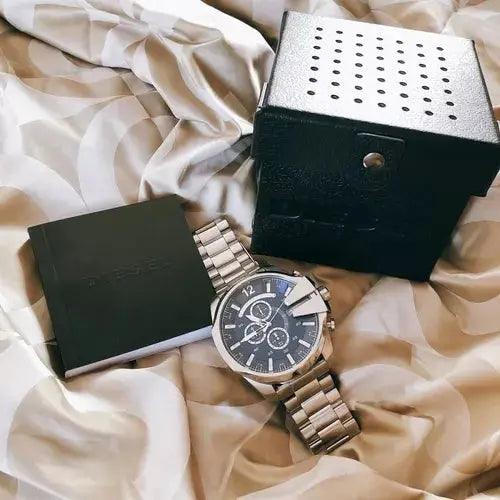 Diesel DZ4417 Mega Chief Chronograph Blue Dial Silver Steel Strap Watch For Men Diesel