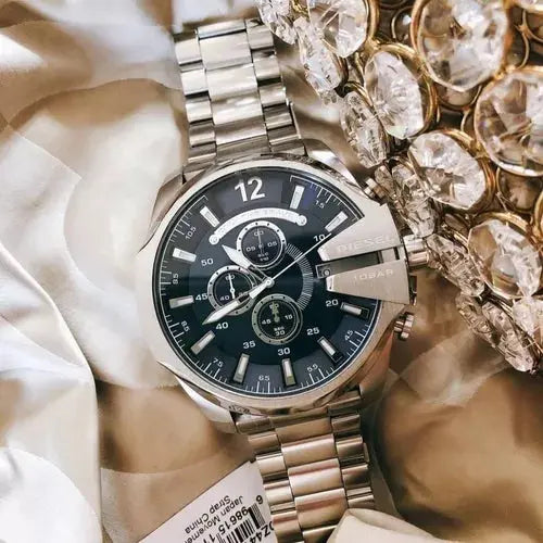 Diesel DZ4417 Mega Chief Chronograph Blue Dial Silver Steel Strap Watch For Men Diesel