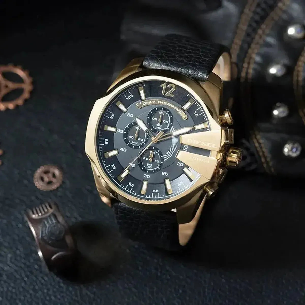 Diesel DZ4344 Mega Chief Chronograph Black Dial Black Leather Strap Watch For Men Diesel