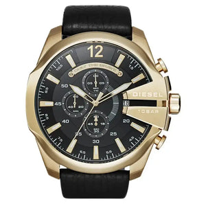Diesel DZ4344 Mega Chief Chronograph Black Dial Black Leather Strap Watch For Men Diesel