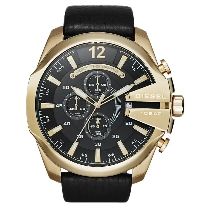 Diesel DZ4344 Mega Chief Chronograph Black Dial Black Leather Strap Watch For Men Diesel