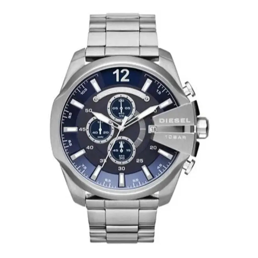 Diesel DZ4417 Mega Chief Chronograph Blue Dial Silver Steel Strap Watch For Men Diesel