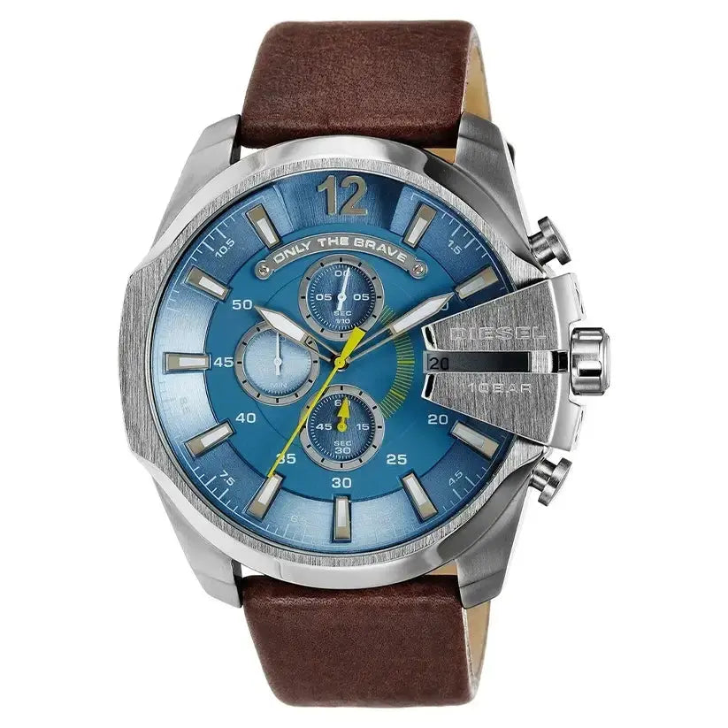 Diesel Mega DZ4281 Chief Chronograph Blue Dial Brown Leather Strap Watch For Men Diesel