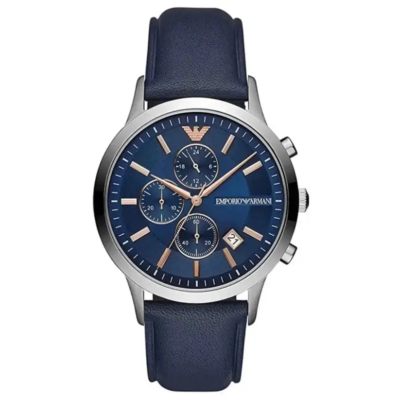 Emporio Armani AR11216 Renato Chronograph Blue Dial Black Leather Strap Watch For Men Emporio Armani