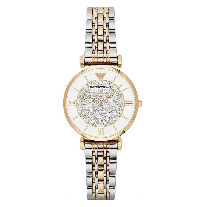 Emporio Armani AR2076 Gianni T Bar Analog White Dial Two Tone Steel Strap Watch For Women Emporio Armani