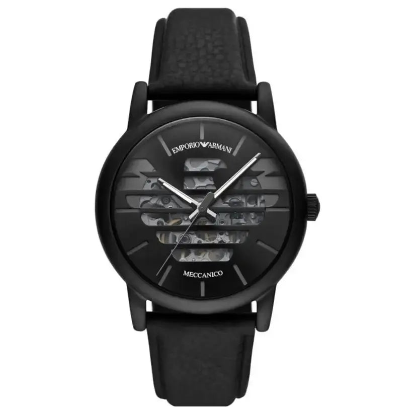 Emporio Armani AR60032 Meccanico Quartz Black Dial Black Leather Strap Watch For Men Emporio Armani