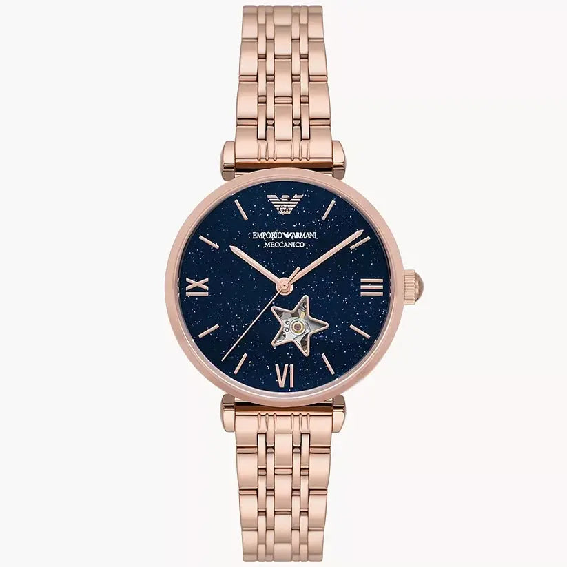 Emporio Armani AR60043 Meccanico Crystals Black Dial Rose Gold Steel Strap Watch For Women Emporio Armani