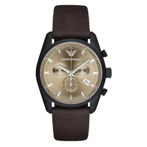 Emporio Armani AR6078 Sportivo Chronograph Beige Dial Brown Leather Strap Watch For Men Emporio Armani