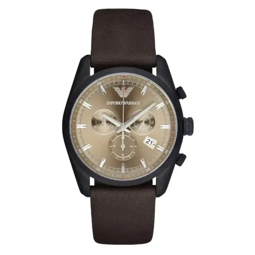 Emporio Armani AR6078 Sportivo Chronograph Beige Dial Brown Leather Strap Watch For Men Emporio Armani