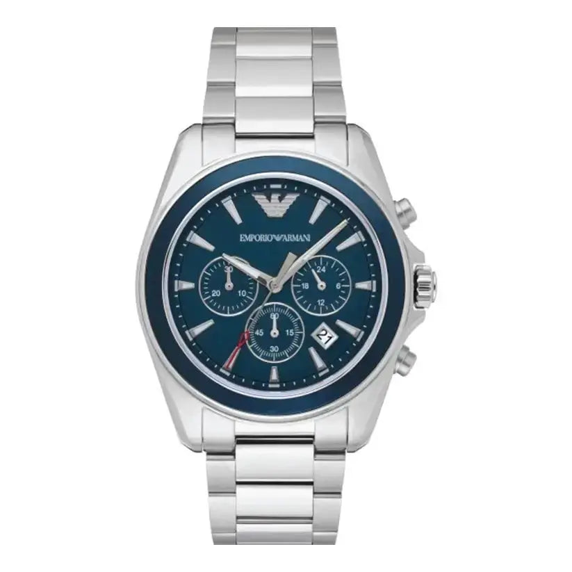 Emporio Armani AR6091 Sportivo Chronograph Blue Dial Silver Steel Strap Watch For Men Emporio Armani