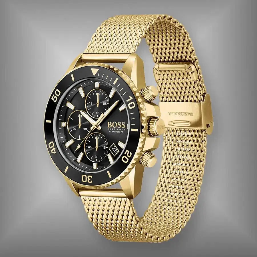 Hugo Boss 1513703 Ocean Edition Black Dial Gold Mesh Bracelet Watch for Men Hugo Boss