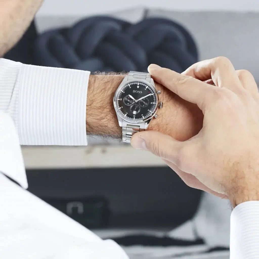 Hugo Boss 1513712 Pioneer Black Dial Silver Steel Strap Watch for Men Hugo Boss