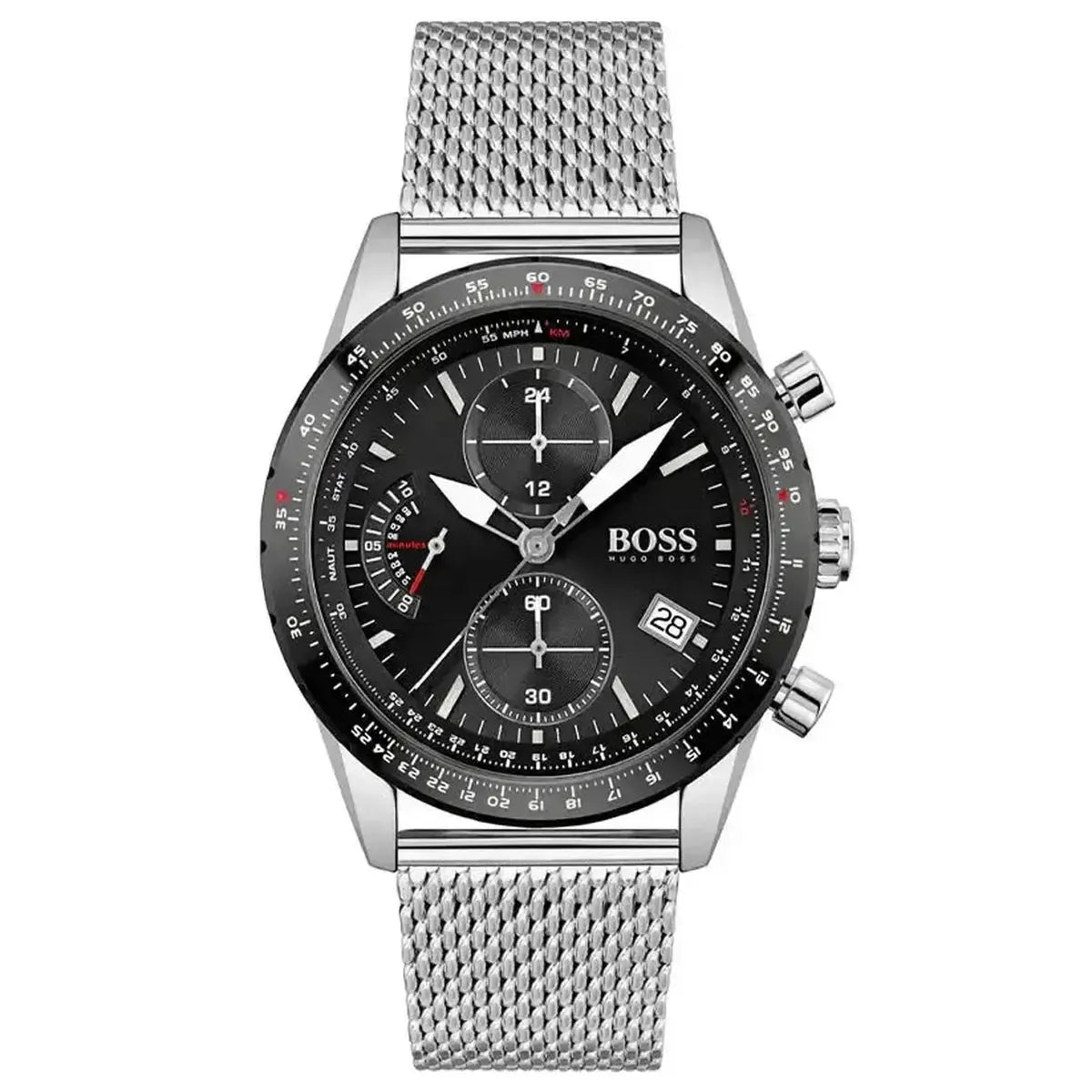 Hugo Boss 1513886 Pilot Edition Black Dial Silver Mesh Bracelet Watch for Men Hugo Boss