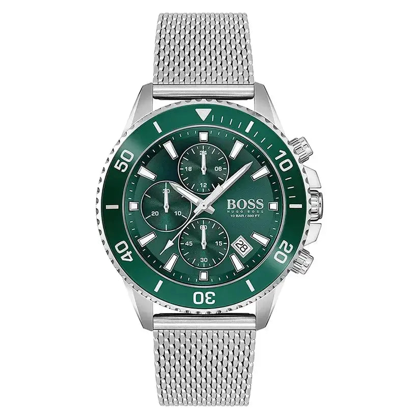 Hugo Boss 1513905 Admiral Green Dial Silver Mesh Bracelet Watch for Men Hugo Boss
