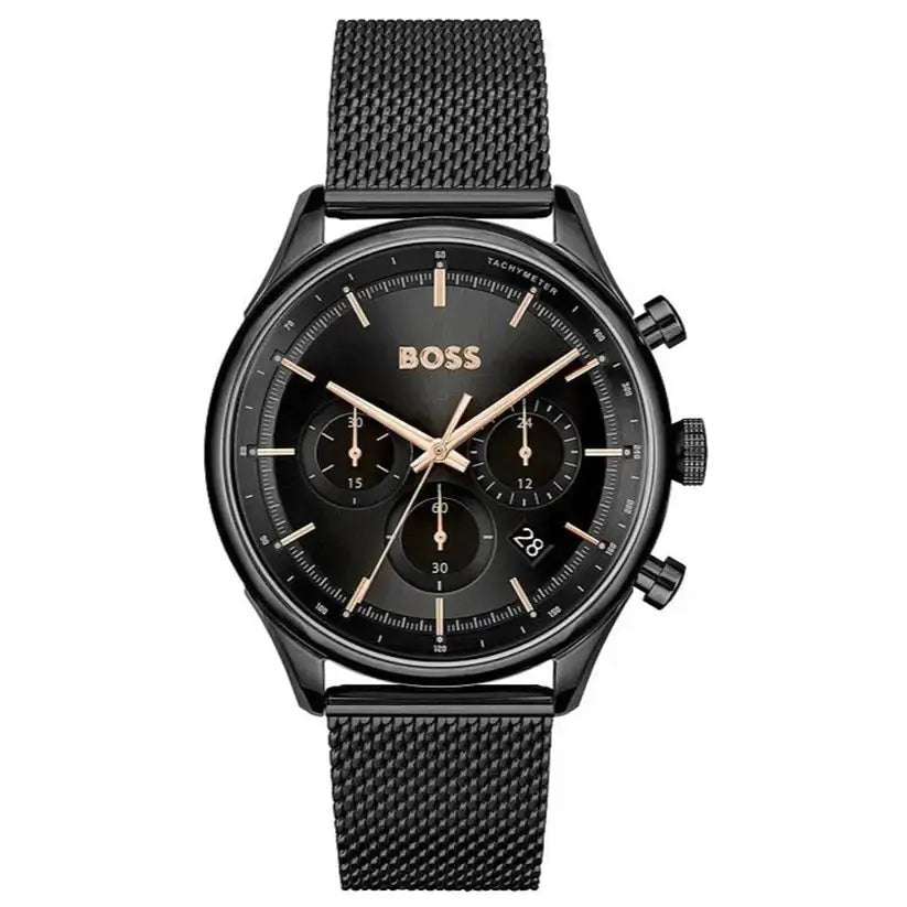 Hugo Boss 1514065 Gregor Chronograph Black Dial Black Mesh Bracelet Watch For Men Hugo Boss