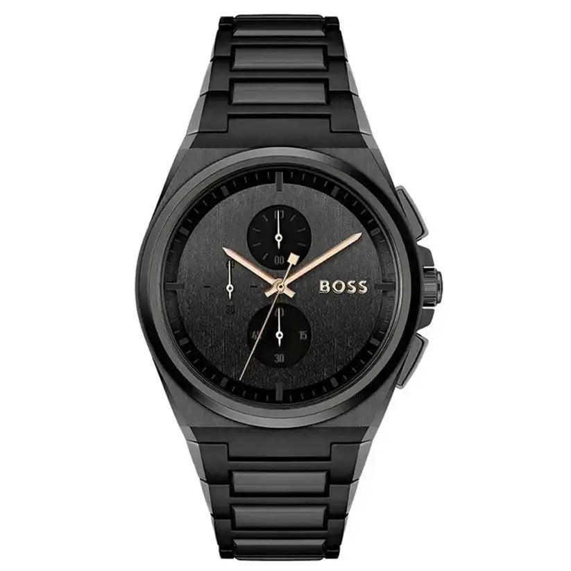 Hugo Boss 1514068 Steer Analog Black Dial Black Steel Strap Watch For Men Hugo Boss