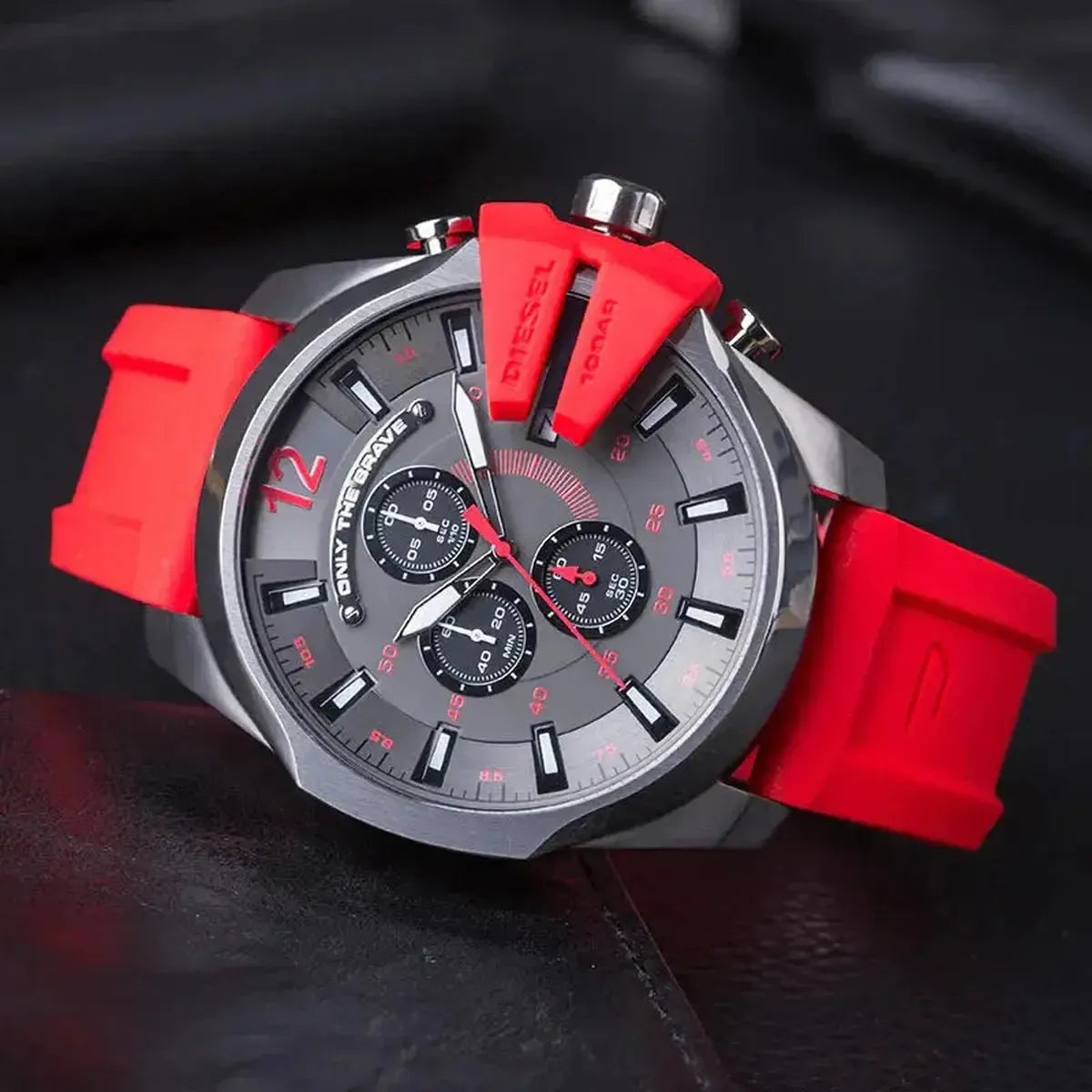 Diesel  DZ4427 Mega Chief Chronograph Black Dial Red Silicone Strap Watch For Men Diesel
