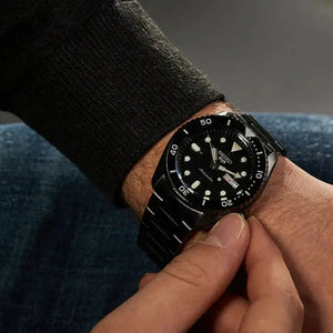 Seiko SRPD65K1 5 Sports Automatic Black Dial Black Steel Strap Watch For Men Seiko