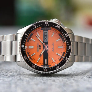 Seiko SRPK11K1 5 Sports Double Hurricane Retro Orange Dial Silver Steel Strap Watch For Men Seiko
