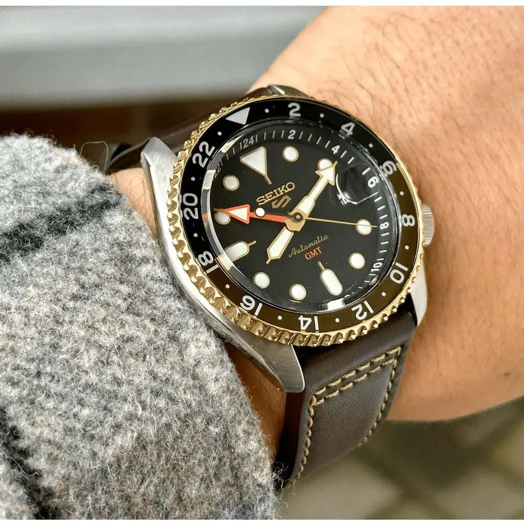 Seiko 5 SSK036K1 Sports SKX GMT Automatic Mocha Black Dial Brown Leather Strap Watch For Men Seiko