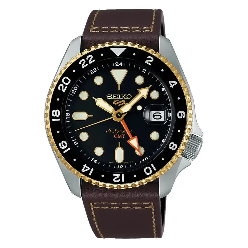 Seiko 5 SSK036K1 Sports SKX GMT Automatic Mocha Black Dial Brown Leather Strap Watch For Men Seiko
