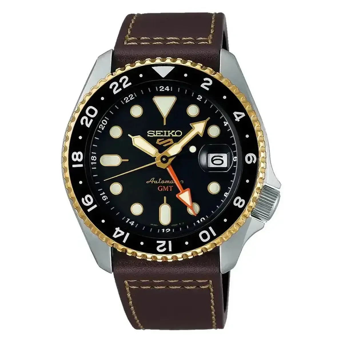 Seiko SSK036K1 5 Sports SKX GMT Automatic Mocha Black Dial Brown Leather Strap Watch For Men Seiko