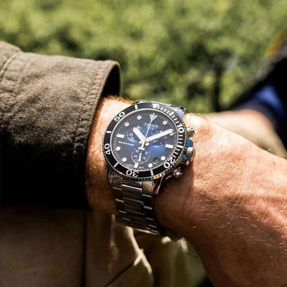 Tissot T120.417.11.041.01 Seastar 1000 Chronograph Driver Blue Dial Silver Steel Strap Watch For Men Tissot