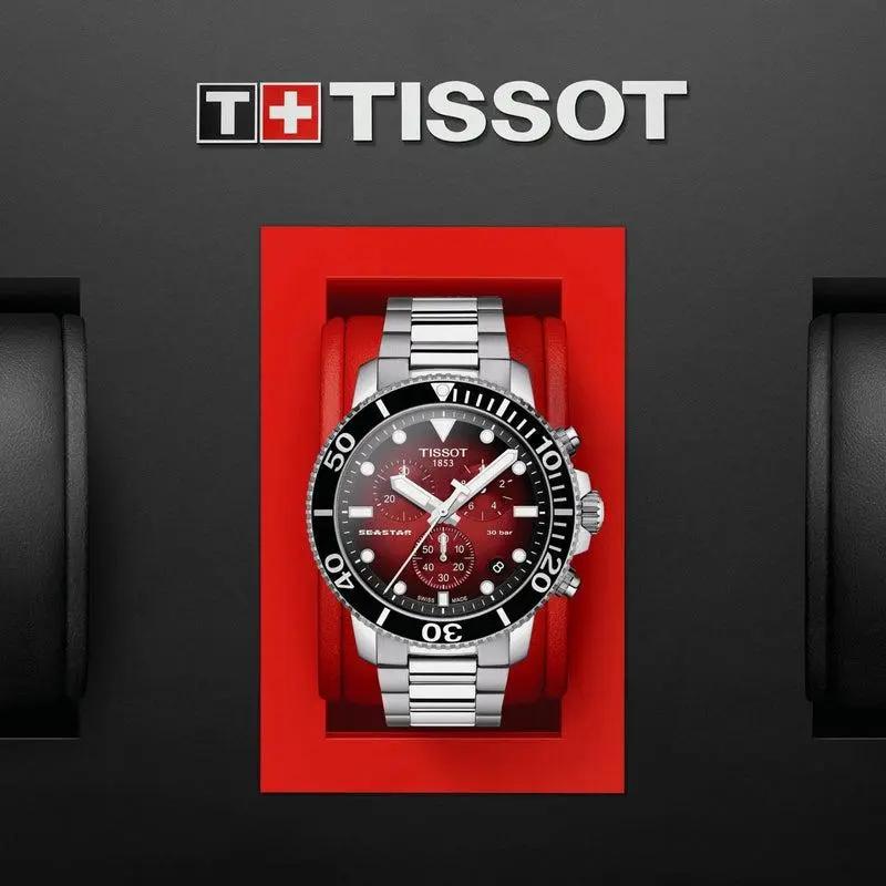 Tissot T120.417.11.421.00 Seastar 1000 Chronograph Red Dial Silver Steel Strap Watch For Men Tissot