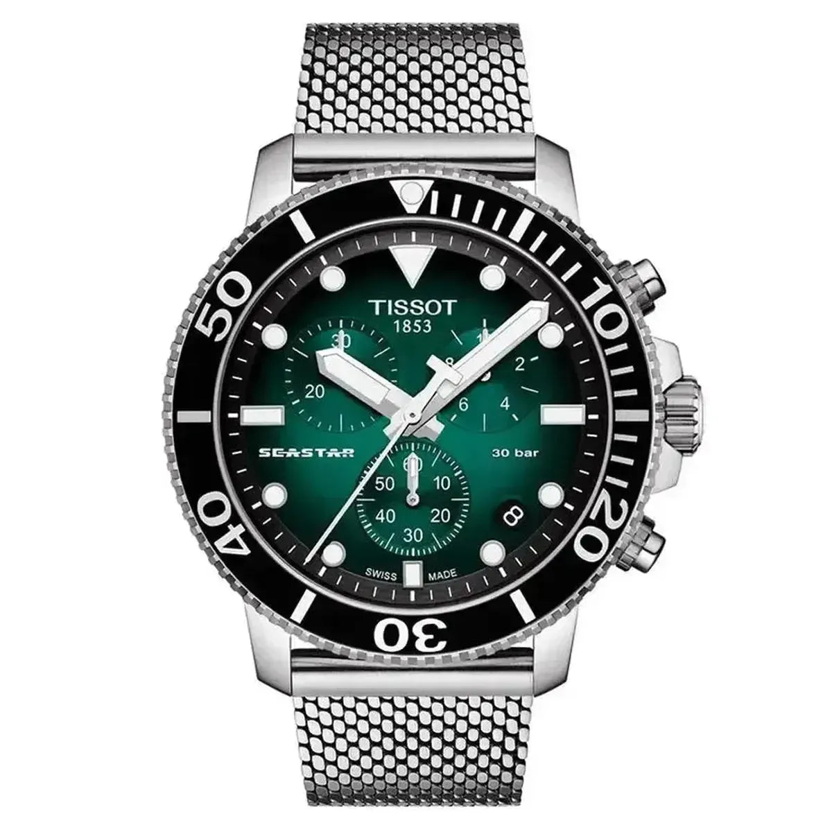 Tissot T120.417.11.091.00 Seastar 1000 Chronograph Green Dial Silver Mesh Bracelet Watch For Men Tissot