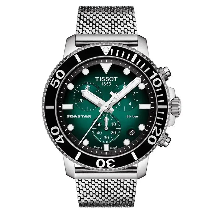 Tissot T120.417.11.091.00 Seastar 1000 Chronograph Green Dial Silver Mesh Bracelet Watch For Men Tissot