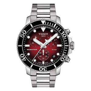 Tissot T120.417.11.421.00 Seastar 1000 Chronograph Red Dial Silver Steel Strap Watch For Men Tissot