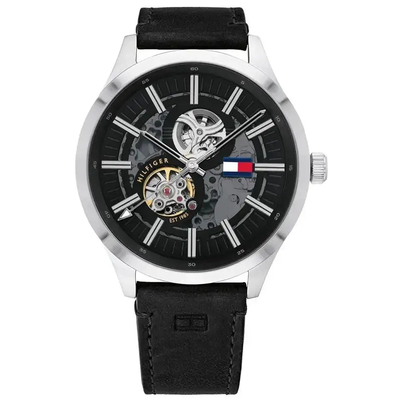 Tommy Hilfiger 1791641 Spencer Skeleton Black Dial Black Leather Strap Watch for Men Tommy Hilfiger