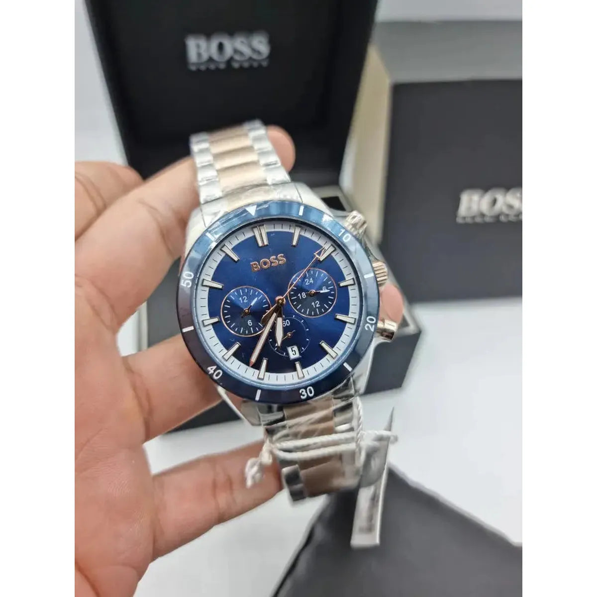 Hugo Boss 1513937 Santiago Blue Dial Two Tone Steel Strap Watch for Men Hugo Boss