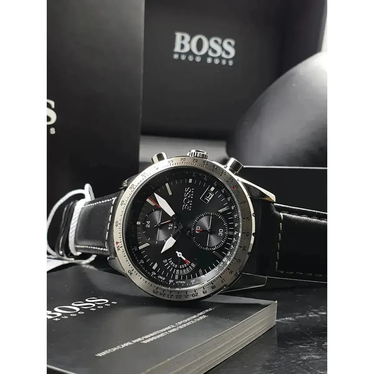 Hugo Boss 1513770 Aero Chronograph Black Dial Black Leather Strap Watch for Men Hugo Boss