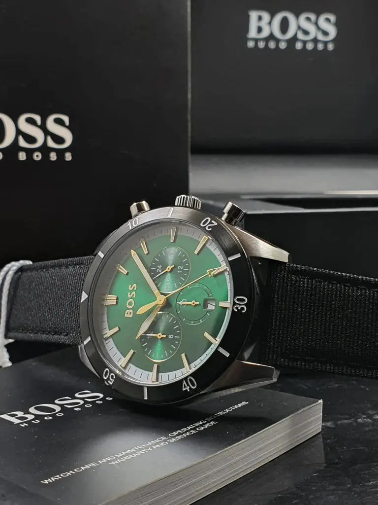 Hugo Boss 1513936 Santiago Green Dial Black Nylon Strap Watch for Men Hugo Boss