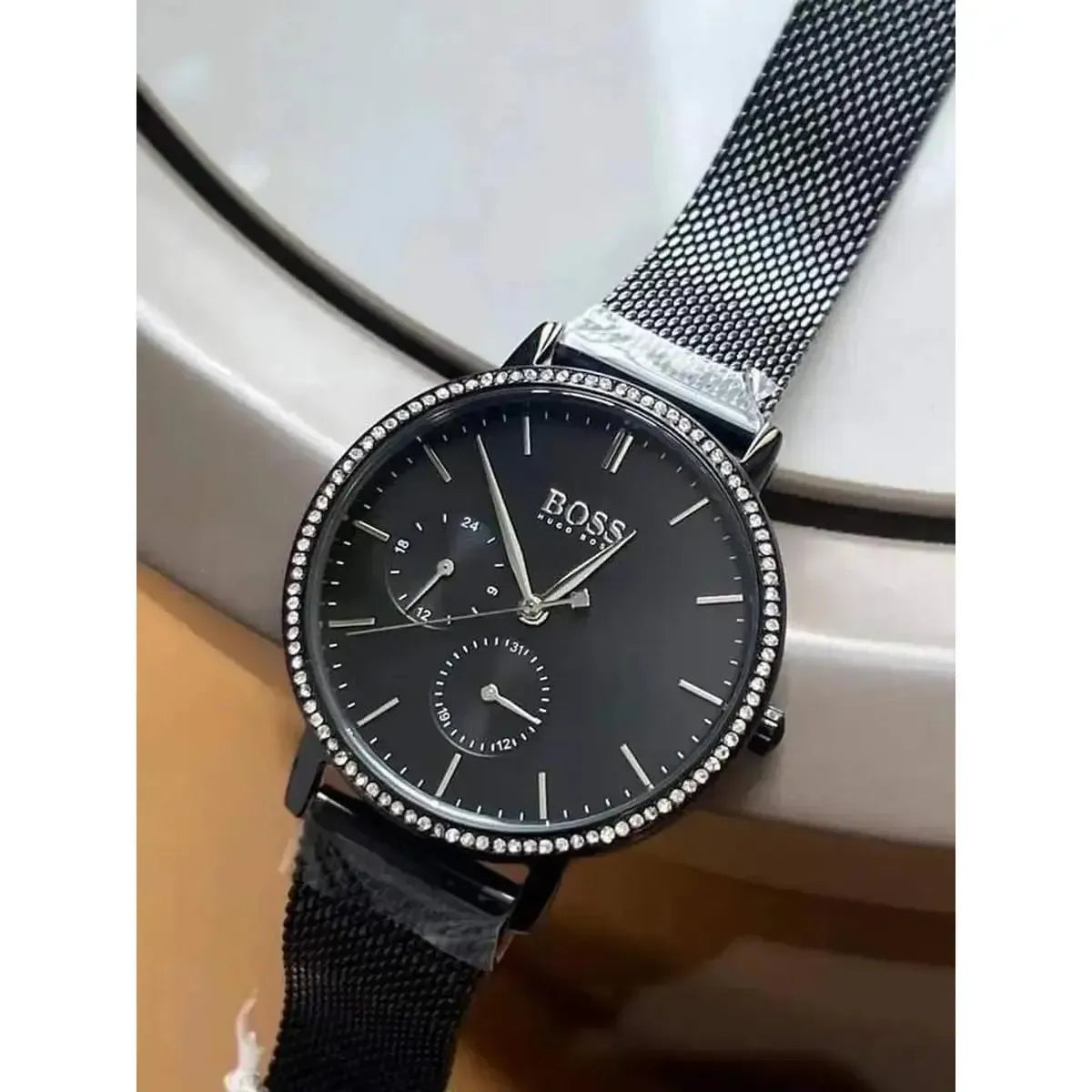 Hugo Boss 1502521 Infinity Black Dial Black Mesh Bracelet Watch for Women Hugo Boss