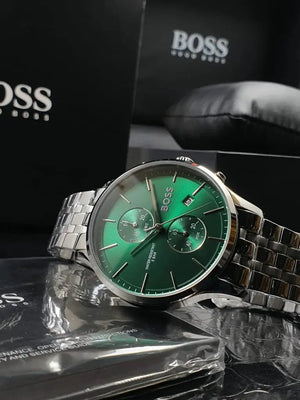 Hugo Boss 1513975 Associate Green Dial Silver Steel Strap Watch for Men Hugo Boss