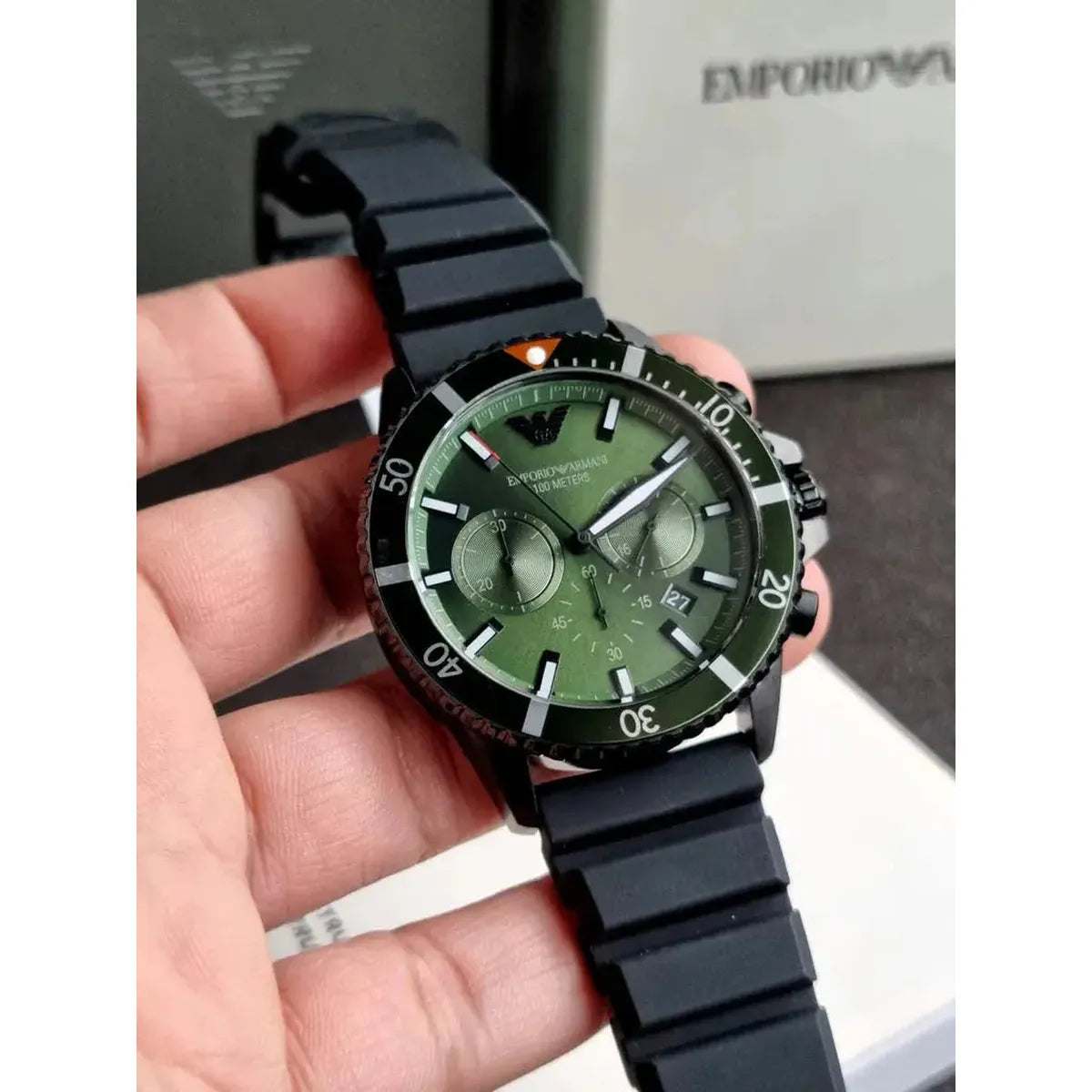 Emporio Armani AR11463 Diver Chronograph Quartz Green Dial Black Silicon Strap Watch For Men Emporio Armani