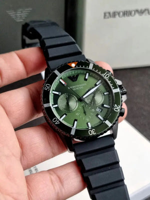 Emporio Armani AR11463 Diver Chronograph Quartz Green Dial Black Silicon Strap Watch For Men Emporio Armani